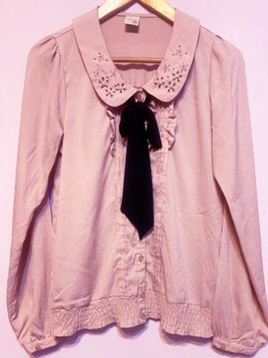 NANA 日本古著 珍珠緹花簍空領 綁帶蝴蝶結 長袖襯衫 日式蜜桃粉色