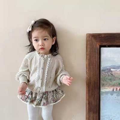 【小點點】韓國童裝 女寶寶法式蕾絲針織小外套 外套 女童復古洋氣鏤空花邊拼接小外套薄款韓版