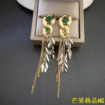 芒果飾品MG綠色鋯石麥穗設計感長款流蘇葉子耳環