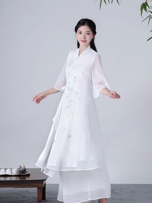 快速到貨 春夏新款系帶漢服仙女中國風雙層白色大擺洋裝中式禪意茶服長裙