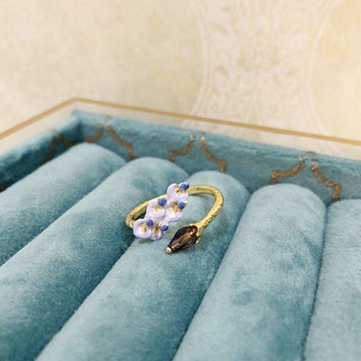 熱款直購#法國琺瑯釉首飾品Les Nereides 紫藤花鑲鉆寶石 可調節開口戒指