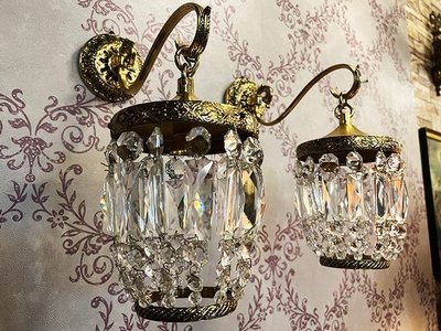 法國古董黃銅浮雕懸掛式水晶壁燈『一組2件』 『非常漂亮！』『厚實黃銅』#522028