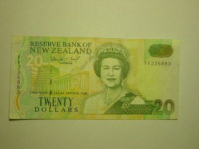 紐西蘭(New Zealand), 20元, 1992年,九成新, 稀少紙鈔!!