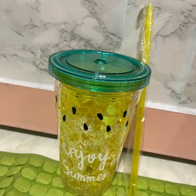 黃色西瓜可愛水杯 平蓋漸變隨手杯夏日冰杯凝膠雙層吸管杯 塑料冰杯 戶外 運動 水杯