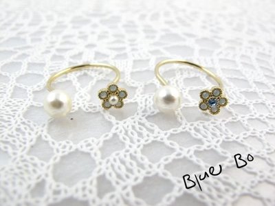 ~*Blue Bo*~韓國飾品  精緻珍珠*蛋石花 可調式戒指