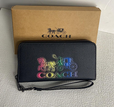 NaNa Outlets 代購美國直郵 COACH C7458 2023新款 全新彩色大馬車LOGO 女生拉鏈皮夾 女士長夾 手腕錢包 牛皮手抓包 附購證