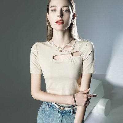 設計感短袖洋氣夏季新款T恤鏤空不規則上衣顯瘦