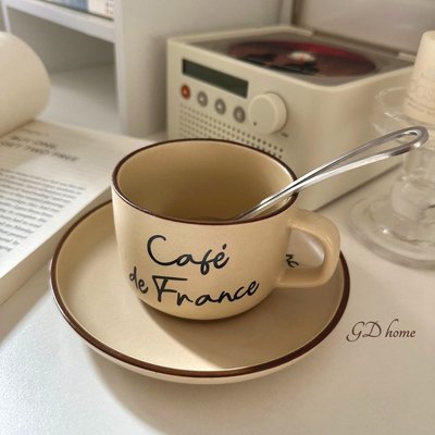 韓國 ins博主法式米色復古法文情侶馬克杯咖啡杯碟-星紀