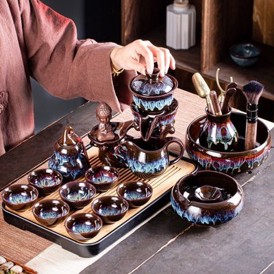 現貨沙金陶瓷功夫茶具套裝家用手工茶壺茶杯中式大容量送人高檔禮盒-簡約