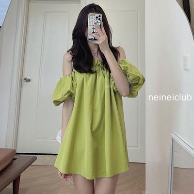 韓國chic夏季法式復古酪梨綠一字領露肩寬鬆燈籠袖洋裝 短裙女