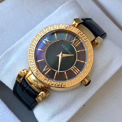 VERSACE Leda 金色配黑色珍珠母貝錶盤 黑色皮革錶帶 石英 女士手錶 VNC200017 凡賽斯腕錶