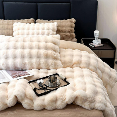 簡約純色秋冬季加厚兔毛絨四件套 保暖牛奶絨被套床單1.8床上用品