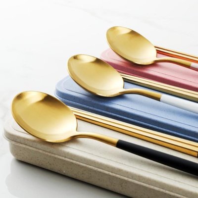 居家~ 【葡萄牙便攜餐具組】金色款 3色可選 環保餐具三件套裝 304不鏽鋼筷子湯匙