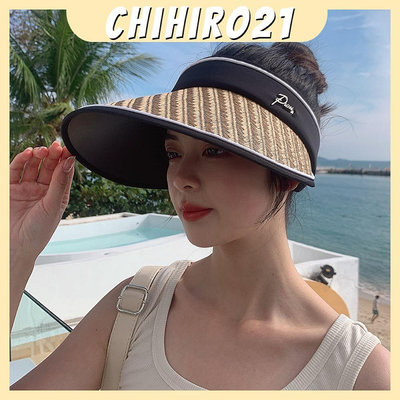 【機車沙灘戶外專賣】沙灘帽遮陽板空頂部太陽帽便攜式可調寬大帽檐紫外線防護草帽女女孩