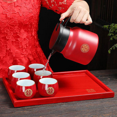 婚慶雙喜不鏽鋼燜茶壺保溫壺 紅色敬茶杯 熱水壺伴手禮