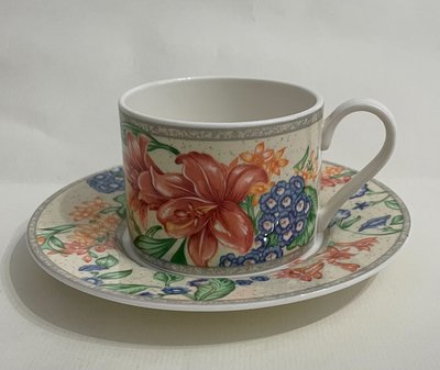 龍廬-自藏出清~陶瓷製品-DIANA ROYAL英國皇家戴安娜咖啡杯花茶杯-彩色花卉圖案陶瓷杯組(一杯一杯墊)/只有一組