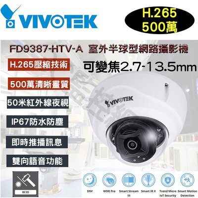 VIVOTEK 晶睿 FD9387-HTV-A 500萬畫素 5MP 50米紅外線 半球型網路攝影機 H.265 IPC