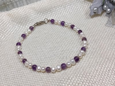 天然珍珠紫水晶單圈手串手環手鍊(4.5mm)輕珠寶精緻-髮絲-幽靈-閃耀-天然寶石,配飾,散珠,DIY338牛手創