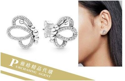 雅格時尚精品代購PANDORA 鑲鑽新款立體鏤空蝴蝶耳環 925純銀 CHARMS 美國代購
