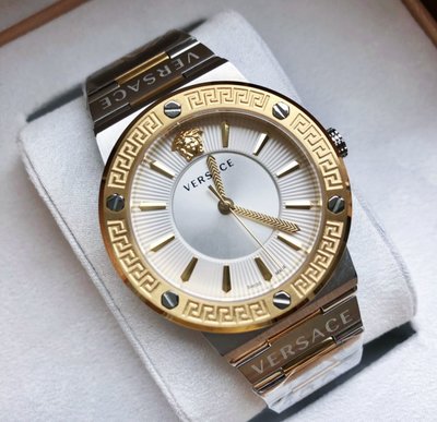 VERSACE Greca Logo 金色框 白色面錶盤 銀色不鏽鋼錶帶 石英 女士手錶 VEVH00620 凡賽斯腕錶