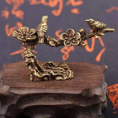 現貨熱銷-【紀念幣】仿古銅實心黃銅喜上眉梢筆架小擺件喜鵲登梅古玩銅雕件銅器手把件
