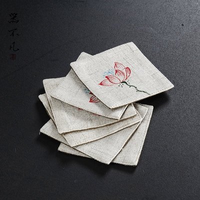手繪中式禪意方形棉麻茶杯墊子布藝功夫茶道家用隔熱小茶杯托碟-特價