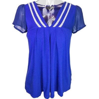 日本ef-de專櫃品牌寶藍色V領蕾絲雪紡短袖上衣 9號
