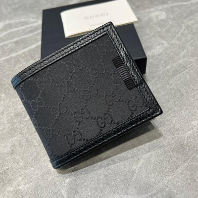 GUCCI 經典雙 LOGO緹花帆布皮革飾邊6卡短夾(黑) 260987 G1XWN 8615