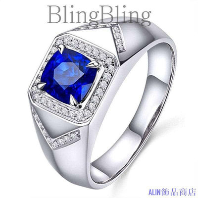 ALIN飾品商店✨BlingBling✨  韓版正方鑽仿真藍寶石藍鑽戒指男戒 鑲嵌藍剛玉水晶八心八箭