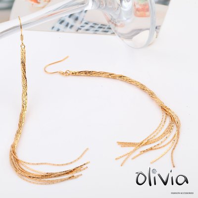 耳針耳環 簡約長版流蘇款厚鍍14K真金耳針耳環耳墬【G19098】Olivia Fashion