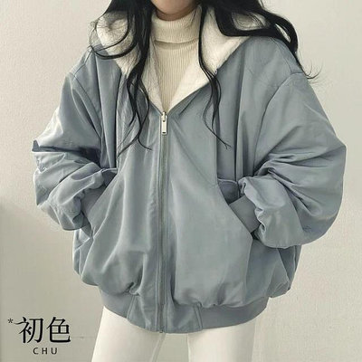 初色 韓系寬鬆保暖加厚刷毛長袖口袋連帽外套兩面穿女外套-共3色-32167(M-2XL可選)