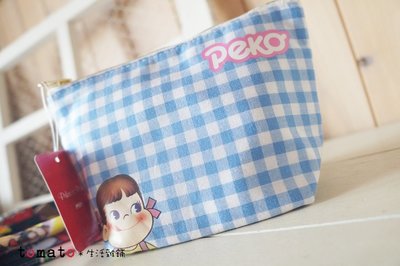 ˙ＴＯＭＡＴＯ生活雜鋪˙日本進口雜貨不二家牛奶妹藍白格紋PEKO牛奶妹化妝包 收納袋 (現貨+預購)