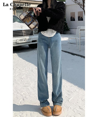 拉夏貝爾高腰窄版闊腿牛仔褲女2023冬季新款加絨顯瘦百搭拖-水水時尚