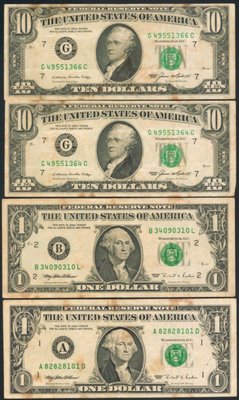 [亞瑟小舖]1985年美金 10 Dollars美金 X 2張(綠徽)+1 Dollar x 2張(綠徽)=4張中折