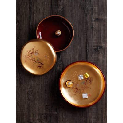 現貨熱銷-日本制箔一金箔櫻花紅葉雀鳥漆器盤子水果食盒點心盒子日式大缽