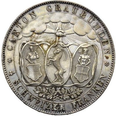 **福泉**1842 瑞士 Graubunden 4 Fr. 大銀幣 UNC