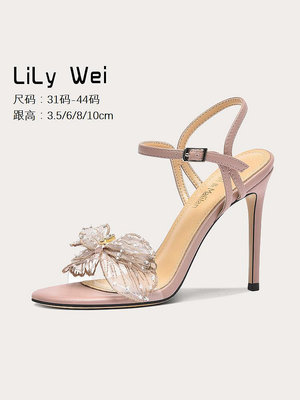 Lily Wei【妙璞】夏季新款粉色涼鞋蝴蝶結溫柔高跟鞋女小碼313233-麵包の店