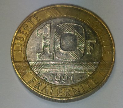 法國10法郎雙色錢幣10枚，隨機出貨，年份不一定，圖片僅供參考