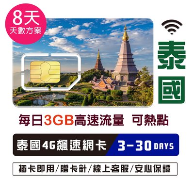 泰國網卡8天 每天3GB 高速流量不斷網 網路卡 泰國SIM卡 曼谷 清邁 普吉島 高速4G LTE 上網