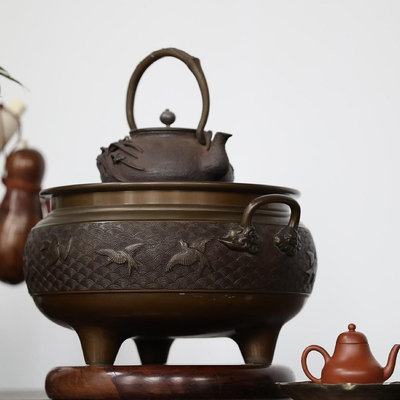 日本火缽 銅火缽 碳爐 圍爐煮茶 茶具茶道 波千鳥 宣德銅火46