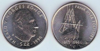 古玩收藏家UNC 挪威1996年5克朗  紀念幣  Copper-Nickel, 11.5g, /29.5 mm