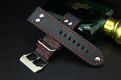 小沛的新衣~banda德國軍錶vintage冒險風格鉚釘24mm直身黑色真皮錶帶,沛納海panerai