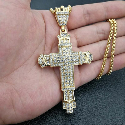 新款男士嘻哈鑽石十字架吊墜金項鍊首飾