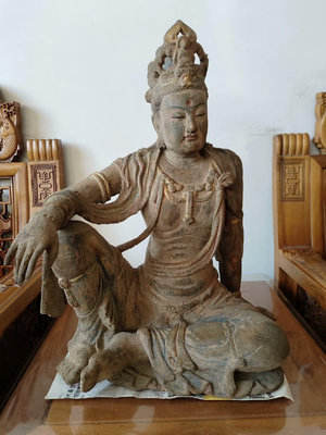 民俗手工藝品 木雕素皮殼佛像 坐地自在觀音菩薩造像擺件 高