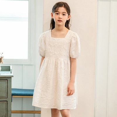 新竹金奇童裝大童白洋裝泡泡袖方領150-160大童小學畢業白色洋裝紗裙兒童大尺寸洋裝