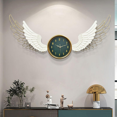 歐式輕奢藝術鐘表天使翅膀羽毛掛鐘客廳時尚個性創意現代靜音時鐘半米潮殼直購