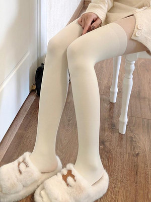 HUMBUG少女白色拼接過膝假高筒絲襪減齡微壓顯瘦雙層加絨連褲襪冬