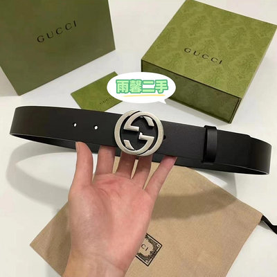 雨馨二手 GUCCI 古馳 銀色雙G字母平滑扣 皮革 皮帶 男款 黑色 寬3.8cm 368186 現貨