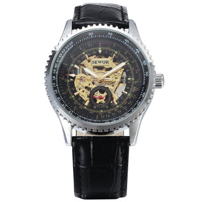 現貨男士手錶腕錶外貿 速賣通ebay SEWOR男士機械手錶鏤空時尚皮帶腕錶
