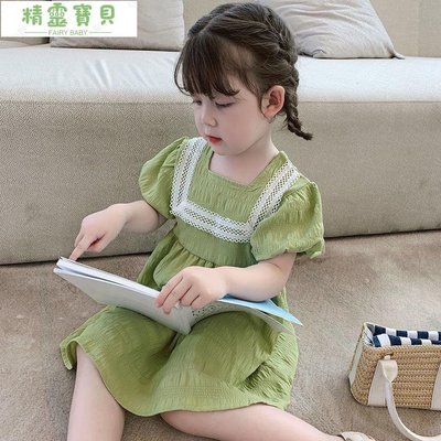 女童洋裝 新款童裝兒童綠色短袖裙子 洋氣泡泡袖中裙 兒童洋裝 裙子 雪紡裙 兒童連衣裙-精靈寶貝